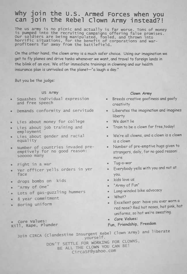 CIRCA recruitment poster, with side by side comparison with U.S. Army incentives, standards, and values.